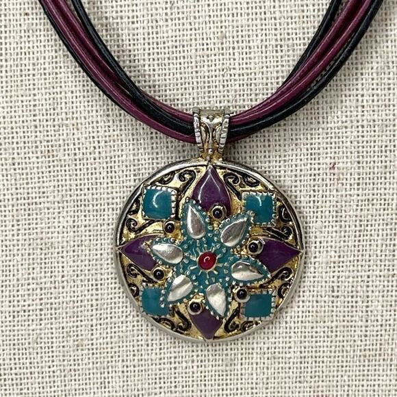 Chico's Multi Strand Leather Cord Enamel Boho Flower Pendant Necklace - Picture 2 of 9